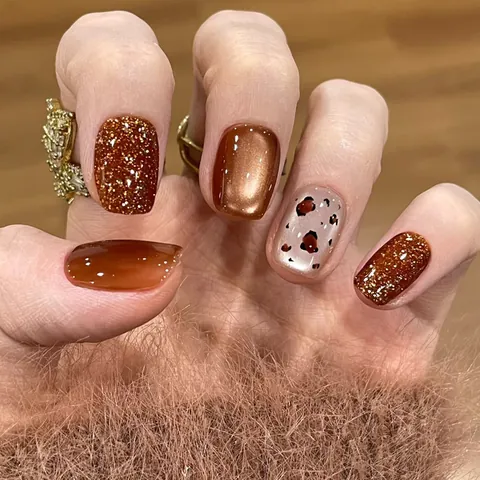 Estampado de Leopardo Ojo de Gato Uñas Postizas a Presión Resina ABS Cuadrado Redondo Corto Rojo Marrón Ámbar Hecho a Mano Reutilizables Uñas para Mujer Arte de Uñas