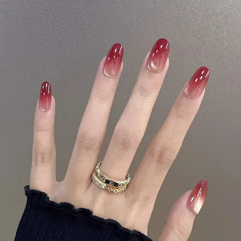 Wine Red Gradient Press On Nails Glossy Oval Artificial Nails Full Cover Fake Nails With Jelly Glue Set For Women Girls Nail Art