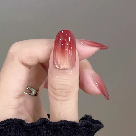 Wine Red Gradient Press On Nails Glossy Oval Artificial Nails Full Cover Fake Nails With Jelly Glue Set For Women Girls Nail Art