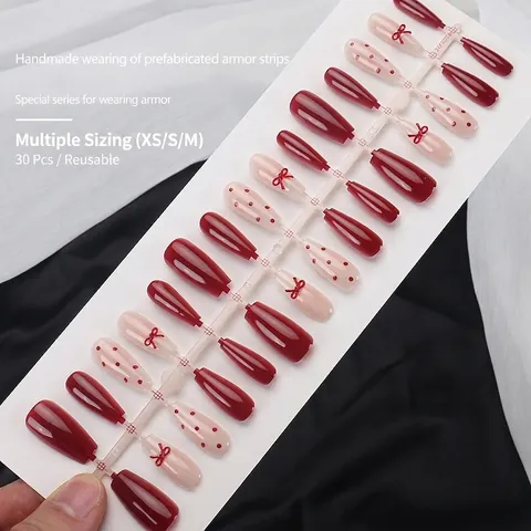 Unghie Finte a Pressione Rosso Vino Occhio di Gatto Forma Bara Con Fiocco 3D Pois per Donna Festa Capodanno Manicure