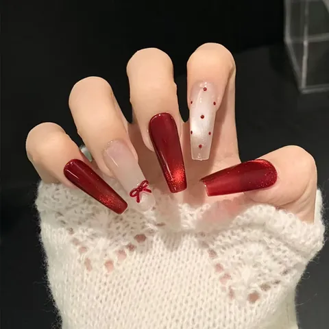 Unghie Finte a Pressione Rosso Vino Occhio di Gatto Forma Bara Con Fiocco 3D Pois per Donna Festa Capodanno Manicure