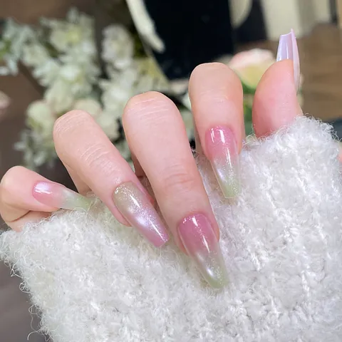 Pink Mint Gradient Cat Eye Press On Nails Coffin Fine Glitter Reusable Fake Nails French Style For Women Manicure Accessory