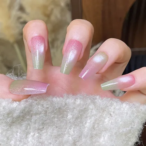 Pink Mint Gradient Cat Eye Press On Nails Coffin Fine Glitter Reusable Fake Nails French Style For Women Manicure Accessory