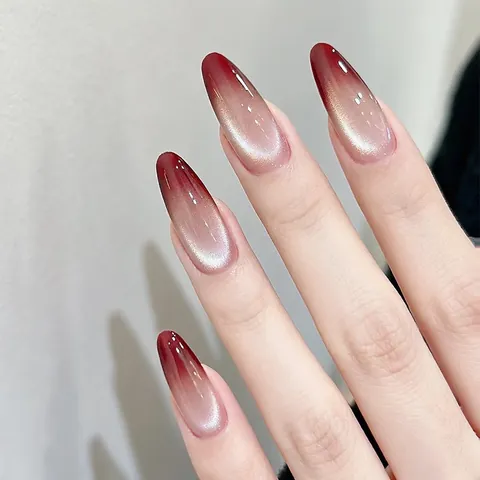 Cat Eye Magnetic Gradient Press On Nails Long Almond Red Brown Nude Pink Removable Fake Nails Tips For Women Daily Manicure