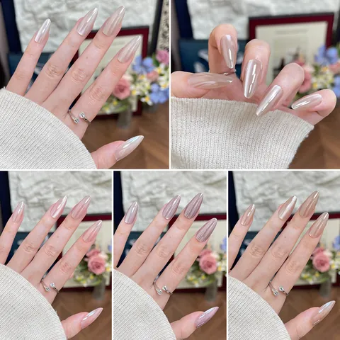 Aurora Cat Eye Press On Nails Almond Square Shape Long Fake Nails Reusable Holographic Metallic False Nails Women Decor