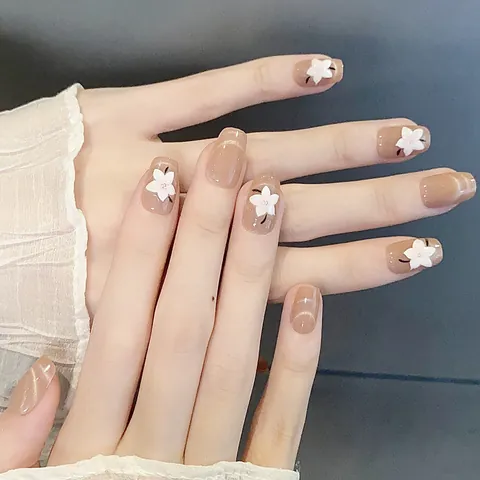 Uñas a Presión Hechas a Mano Rosa Nude Ojo de Gato Con Flor Blanca 3D Elegantes Cortas Forma Cuadrada Redonda Reutilizables para Mujer Manicura Diaria