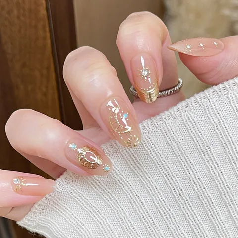Unghie a Pressione Celestiali Bohémien Motivo 3D Sole Luna Stelle Strass Lusso Resina Corte Ovali Unghie Finte per Donna