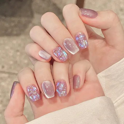 Handmade Purple Aurora Cat Eye Press On Nails Glitter Short Square Fake Nails For Women Reusable Nail Art Decoration