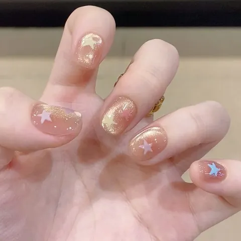 Handmade Press On Nails Short Round Cat Eye Glitter Pink With Multicolor 3D Stars Fake Nails For Women Daily DIY Manicure