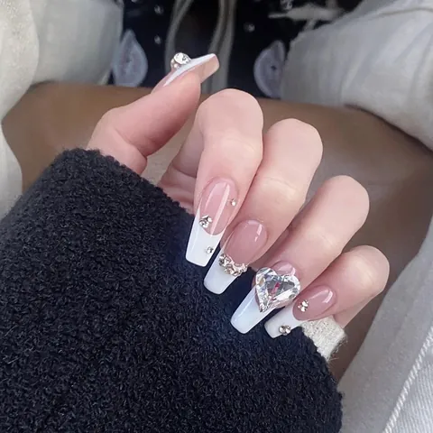 Uñas Postizas Francesas de Punta Blanca Corazón Diamantes Rosa Nude Bailarina Larga Uñas Artificiales Para Mujer Lujo
