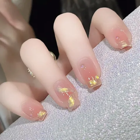 Französischer Stil Rosa Farbverlauf Nagelsticks Ballerina Form Goldband Mit Strass Künstliche Perlen Wiederverwendbare Falsche Nägel