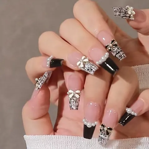 Französische Elegante Schwarze Tweed Künstliche Nägel Mit Perlendekoration Und Schleife Ballerina Form Handgefertigte Wiederverwendbare Nägel Damen