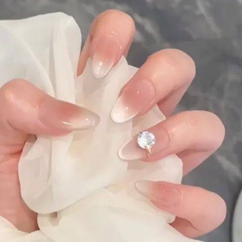 Luxury Pink White Gradient Cat Eye Press On Nails With Large Rhinestone Handmade ABS Resin Removable Fake Nails For Women Daily Nail Art