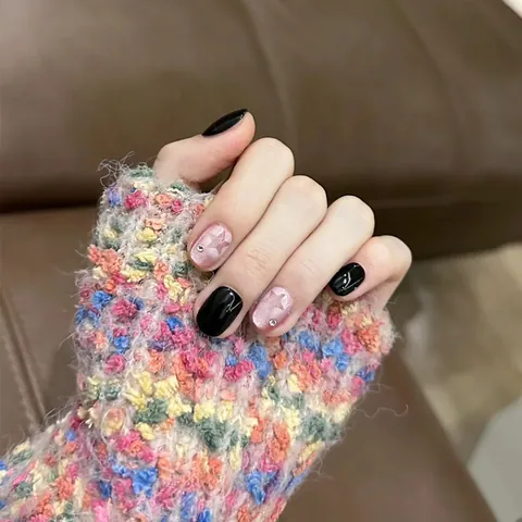 Star Cat Eye Press On Nails With Rhinestone Black Pink Short Round Square Handmade Fake Nails For Women Manicure Decor