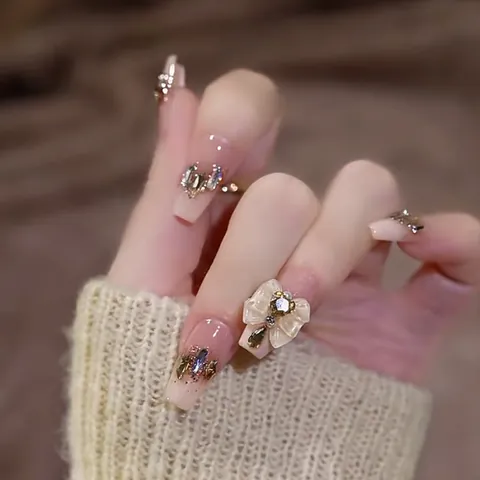 Champagne Goud Glitter Plaknagels Met 3D Strik En Strass Handgemaakte Lange Coffin Kunstnagels Voor Vrouwen Dagelijks Feest