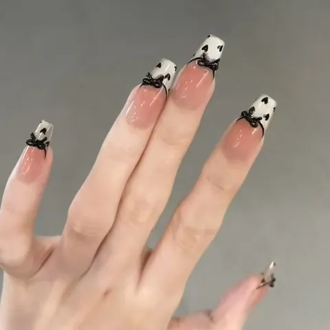 Handgefertigte Künstliche Nägel Sargform Herz Schleife Dekoration Süßer Cooler Stil Pink Weiß Schwarz Lange Maniküre Werkzeug Damen
