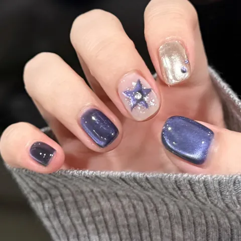 Kurze Squoval Ohrstecker Nägel Dunkelviolett Katzenauge Glitzer Sterne Eingelegte Strass Süß Und Cool DIY Maniküre Set Damen