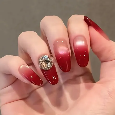 Handgemachte Burgunder-Farbverlauf Katzenauge Künstliche Fingernägel Zum Aufkleben Mit Luxus Strasssteinen Oval Fake Nails Für Damen Weihnachten Party