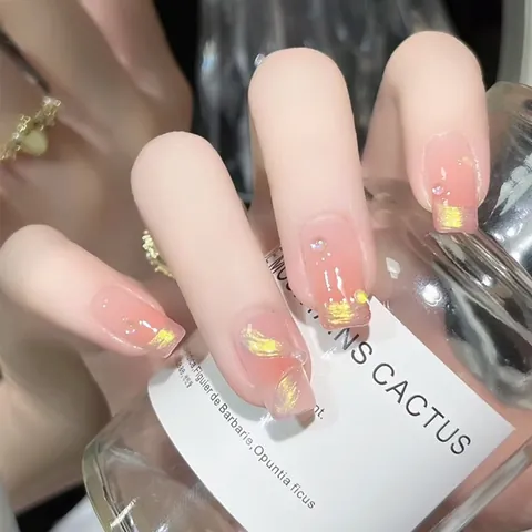 Französischer Stil Rosa Farbverlauf Nagelsticks Ballerina Form Goldband Mit Strass Künstliche Perlen Wiederverwendbare Falsche Nägel