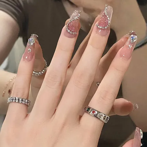 Pink Gradient Cat Eye Press On Nails With Heart Rhinestones Long Coffin Shape Hand Made Reusable Fake Nails For Women Party Manicure