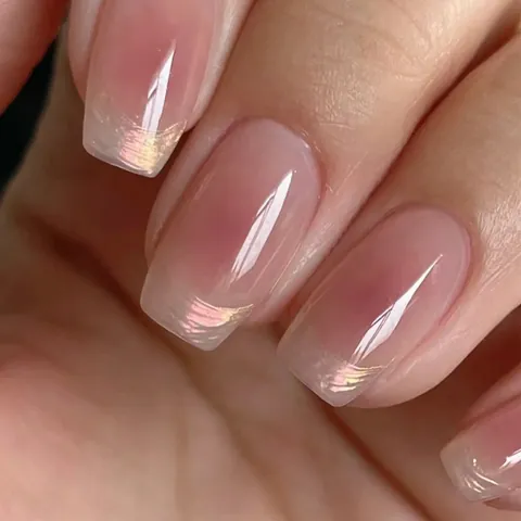 French Blush Gradient Press On Nails With 3D Butterfly Rhinestone Designs Short Ballerina False Nails For Women Daily Decor