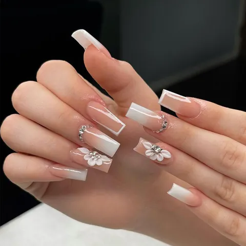 Uñas Postizas a Presión Ombré Francés Largas Cuadradas Degradado Marrón Nude con Flores 3D Diamantes de Imitación Resina ABS Uñas Artificiales Reutilizables para Mujer Boda Fiesta