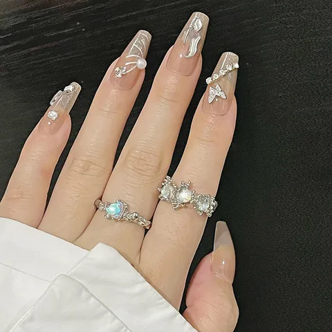 Handmade Long Trapezoid Press On Nails French Nude Pink Gradient Silver Butterfly Rhinestone Faux Artificial Pearl Decorative False Nails