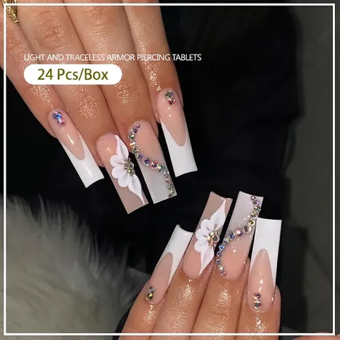Faux Ongles à Presser Carrés Longs Style Français Avec Fleurs en Relief 3D Strass Colorés Faux Ongles Rose Dégradé pour Décoration de Manucure Femme