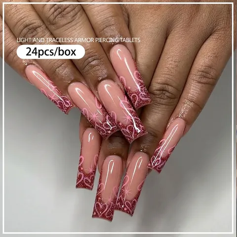 Französische Weinrote Herz Künstliche Fingernägel Lange Quadratische Glitzer Fake Nails Set Mit Kleber Für Damen Valentinstag Kunst