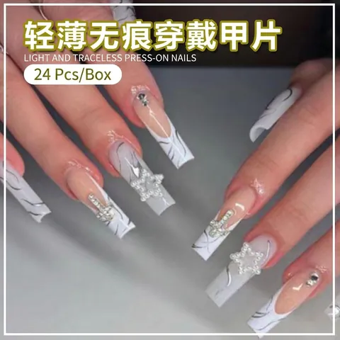 Y2K Weiß Lange Sarg Press On Nägel Mit Künstliche Perle Stern Metall Kreuz Strass DIY Maniküre Full Cover Künstliche Nägel