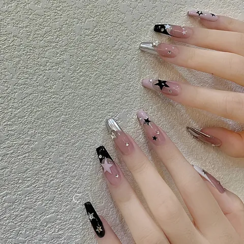 Star Heart Patterns Press-on Nails Rhinestone Decor Metallic Mirror ABS Resin Artificial Nails For Women DIY Manicure