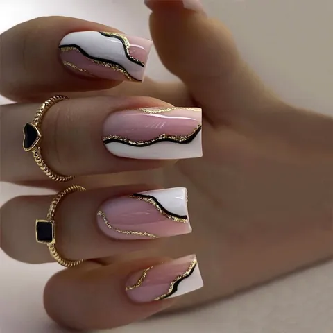Pink Marble Press On Nails Long Coffin Fake Nails With Gold Foil Lines Full Cover Manicure Kit For Women DIY Nail Art