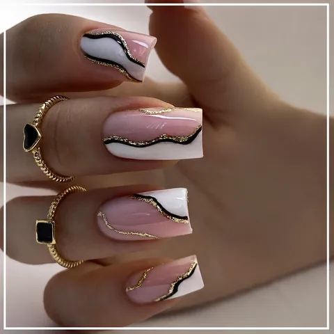 Pink Marble Press On Nails Long Coffin Fake Nails With Gold Foil Lines Full Cover Manicure Kit For Women DIY Nail Art