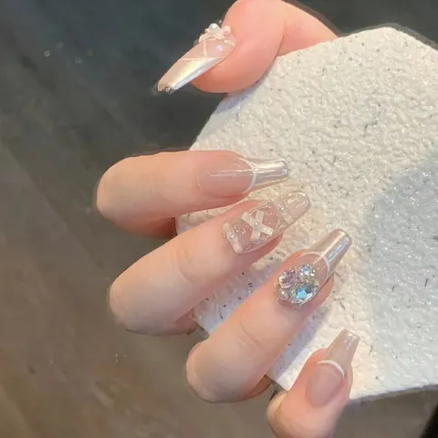 Handmade Coffin Press On Nails With 3D Bowknot Rhinestone Pearl Pink Gradient Elegant Fake Nails For Women Party Manicure