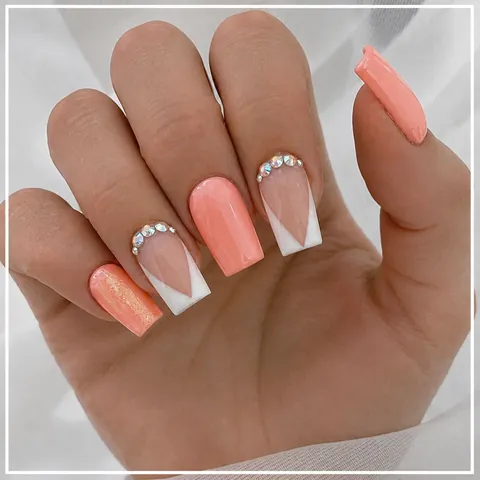 Short Square Press On Nails Yellow French Tip False Nails With Rhinestone Glitter Artificial Nail Art For Women DIY Manicure