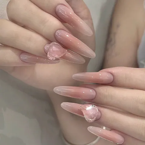 Handmade 3D Rhinestone Heart Pink Gradient Press On Nails Elegant Long Almond Stiletto Fake Nails For Women Manicure Decor
