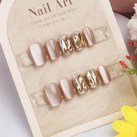 Handmade Cat Eye Champagne Rhinestone Press On Nails Set Short Square Fake Nails Luxury Glitter Nail Art Tips For Women