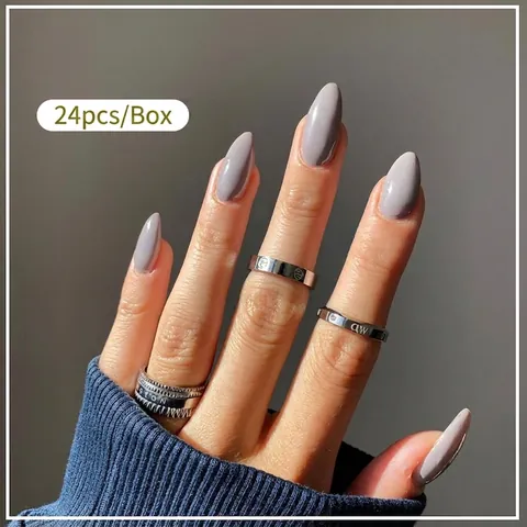 Glossy Grey Purple Almond Shape Press On Nails Minimalist Solid Color Artificial Fake Nails For Women Daily Manicure Elegant Fashion Nails