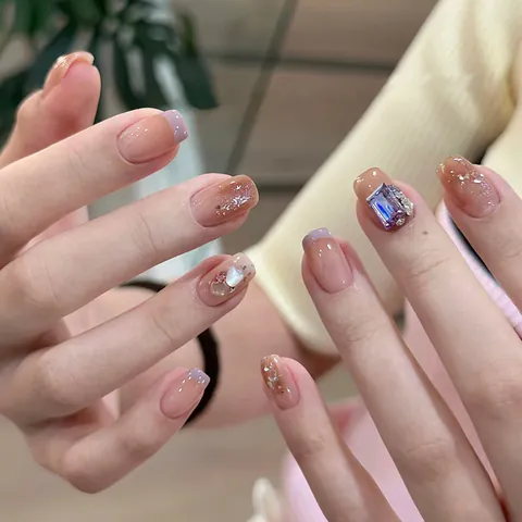 Handmade Press On Nails Set Nude Gradient Purple French Style Rhinestone Artificial Pearl Gold Foil Luxury Artificial Fake Nails