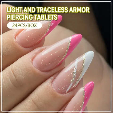 Pink Striped French Press On Nails With Rhinestone Gold Glitter Long Stiletto False Nails For Women DIY Manicure Gift