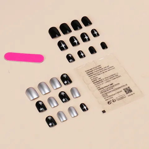 Black And Silver Press On Nails With Star Pattern Glossy ABS Resin Fake Nails With Adhesive Glue Manicure Tool Kit For Women