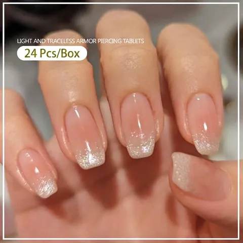 Short Square Press On Nails Silver Glitter Gradient Nude Pink Glossy Removable False Nails For Women Salon Manicure DIY Home Nail Art