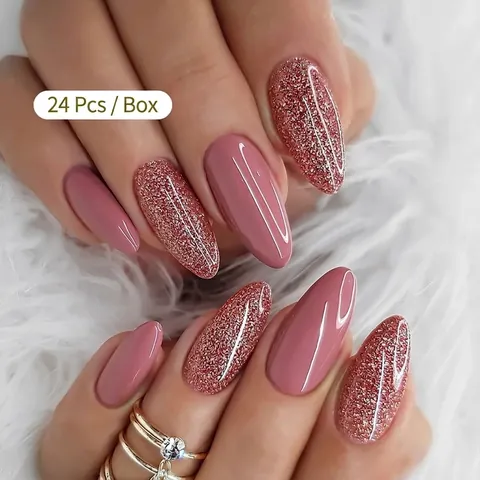 Middle Long Almond Shape Press On Nails Dusty Rose And Silver Glitter False Nails With Glue Manicure Tool Kit For Women