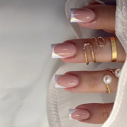 French Minimalist Press On Nails Set Nude Base With Blue Edge Gold Line Pearlescent Medium Square Fake Nails For Women