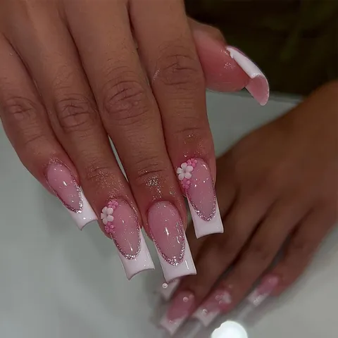 Medium Long French White Edge Flower Press On Nails Pink Gradient Silver Glitter 3D Removable Fake Nails For Women Girls