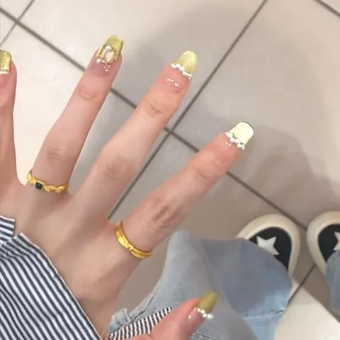 Unghie Finte Fatte a Mano Francese Verde Fluorescente Design Occhio di Gatto Con Künstliche Perle Strass Unghie Artificiali Fai-da-Te Rimovibili