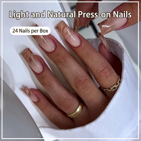 Long Square Marble Amber Gradient Press On Nails Full Cover Artificial Fake Nails For Women Fashion Nail Art Decoration