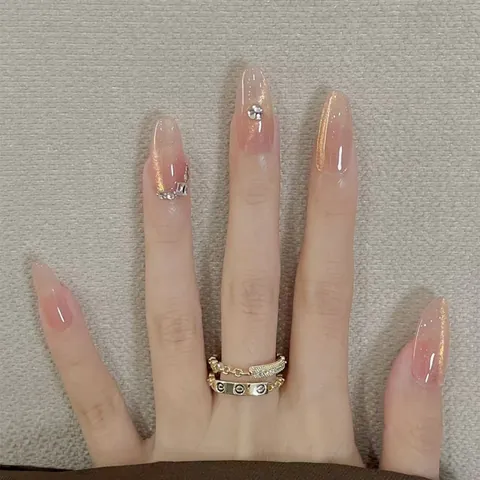 Handmade Nude Pink Gradient Cat Eye Press On Nails Medium Almond Shape Rhinestone Shimmer False Nails For Women Daily Art