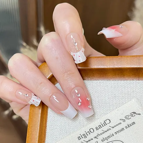 Handgefertigte Französische Stern Strass Künstliche Fingernägel Rosa Weiß Katzenauge Kurz Trapez Fake Nails Für Damen Party