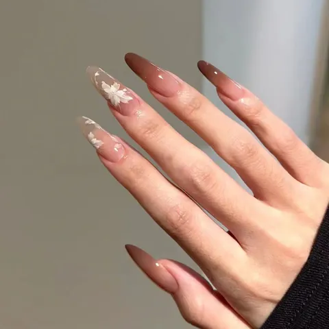Elegant Almond Gradient Press On Nails With White Flower Design Glossy Long Fake Nails Manicure For Women Daily Party